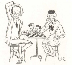 A. Kostomolotsky`s frendly caricature featuring the winners at the International Chopin Competition in Warsaw (1927) L.N. Oborin (Its prixe), G.R. Ginzburg (4th prize) and their teachers K.N. Igumnov and A.B. Goldenweiser