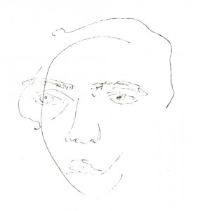 Self-portrait. 1909. Ink on paper. Deposited in a private collection. A. Kruchyonykh. Fifteen Years of Russian I'uturism. Moscow.