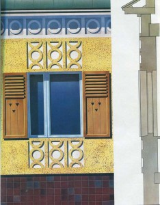 Window frames in the panel shutters with decorative relief.