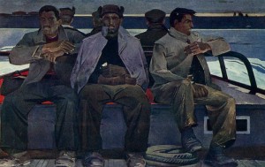 Repairmen. Painting by T. T. Salakhova. 1960