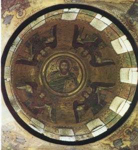 The central composition of the main dome - polufigury mosaic of Christ Pantocrator in the medallion. The medallion is encircled by ten colored circles that resemble a rainbow. Around the Christ - the four archangels, of which only one figure in blue - Mosaic, the rest having added oil in 1884 MAVrubel.