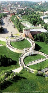 Nizhny Novgorod city on the Volga river. View Chkalov staircase from the height of bird flight.