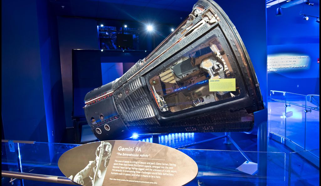 Look through a special screen and a holograph of astronaut Gene Cernan hovers over the real Gemini 9 space capsule.