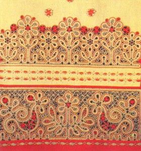 Detail of a towel showing cockerels.