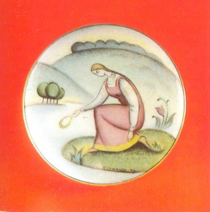Tin-enamelled plaque showing a rustic scene, with gilt decoration. 1970