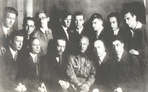 N. Ya. Myaskovsky, N. S. Zhilaev ahd H.I. Litinsky with thair pupils. Sitting are: Yu. M. Yatzevich, V.Ya Shedalin, N. Ya Myaskovsky,  A.I. Khachaturyan. Standing are: B.N. Mokrousov, A.E. Spadavekkia, Yu. M. Alexandrov, G.V. Kirkov, T.N. Khrennikow, S.Ya. Urbach, S.Z. Sendereti