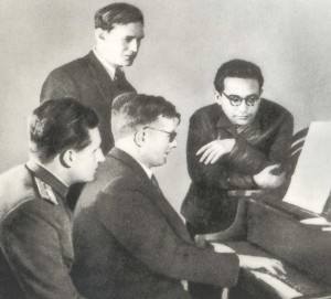 D.D. Shostakovich at the lesson with his pupils Yevgeny Petrvich Makarov, German Germanovich Galynin and Kara Karayev.