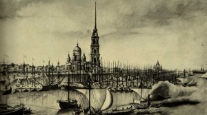 Rybinsk wharf on the Volga. An engraving from the original V. Belonogova. 1850