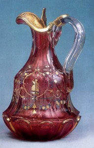 1850s Colourless glass and gold ruby glass with gilded decoration and enamelling; silver cover St. Petersburg Imperial Glass Factory History Museum, Moscow