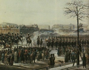 Revolt on Senate Square in Petersburg on December 14, 1825. Artist K.Kolman. 1830th years.