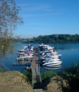 Parking of boats on the Volga River.