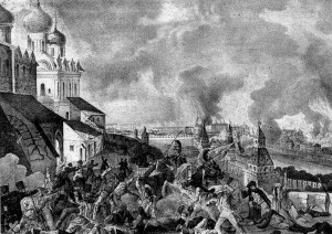 Fire of Moscow in 1812. Johann Loyents Rugendas's engraving of 1813.