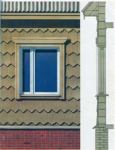 Window frames in houses, trimmed shingles.