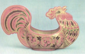 Cockerel-shaped scoop. 1959 Painted bv О. Bulganina. Ornamentation on gold ground Art Museum, Gorky