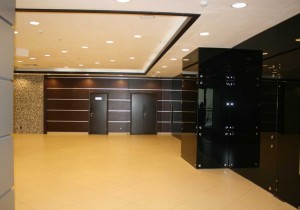 Foyer of the restaurant of black glass panels