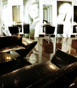  The combination of black and white. Large pictures on the walls. Special furniture for beauty salon.