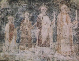 A fragment of group portrait of the family of Yaroslav the Wise. The composition is particularly valuable frescoes of St. Sophia Cathedral. It was severely damaged during the restoration of the XIX century. On the south wall murals over the butter pieces were written great martyrs, on the north wall - figures of saints. Clearing these frescoes carried out after the organization of the Sofia Reserve in 1934 - 1935 years.