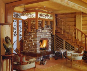 fireplace is accented wooden décor a wooden staircase and fireplace