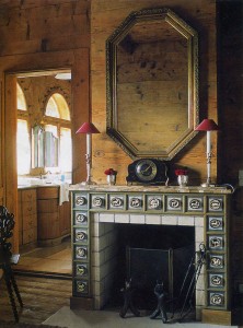 Fireplace and mirror.