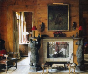 Fireplace with bears.