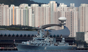 Russian-Navy's-Slava-class-guided-missile-cruiser-Varyag,-the-flagship-of-the-Russian-Pacific-Fleet,-docked-at-Kai-Tak-Cruise-Terminal-for-an-unofficial-five-day-visit-to-Hong-Kong
