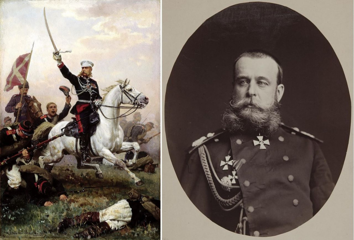  General Skobelev on horseback (1883) by N. Dmitriev-Orenburgsky and a photograph of General Skobelev (1880). Wiki Commons 