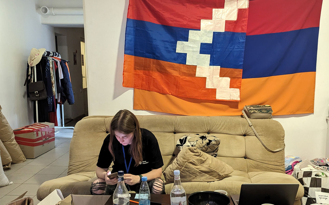  The flags of Armenia and the separatist Armenian republic of Artsakh hang in the Ethos office. Kirill Ponomarev 