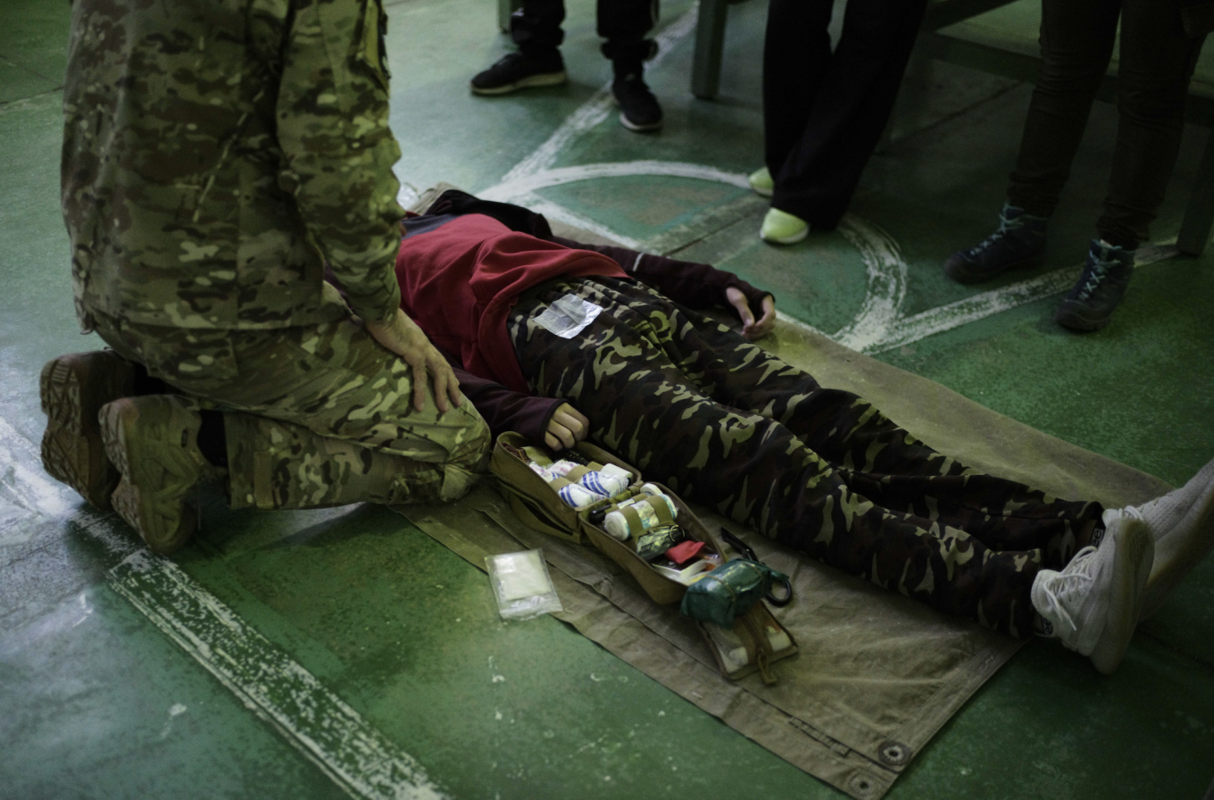  A VOMA first aid training. Participants' faces have been concealed due to concerns about being identified by the Azerbaijani authorities. Tom J. Bennett 