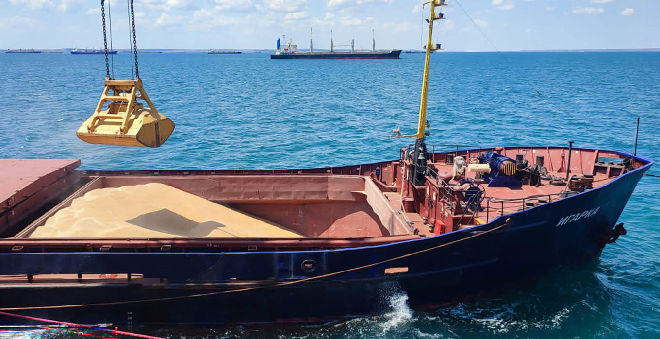  Grain is loaded aboard a cargo ship at the Azov Sea Port, Rostov region. AFP 