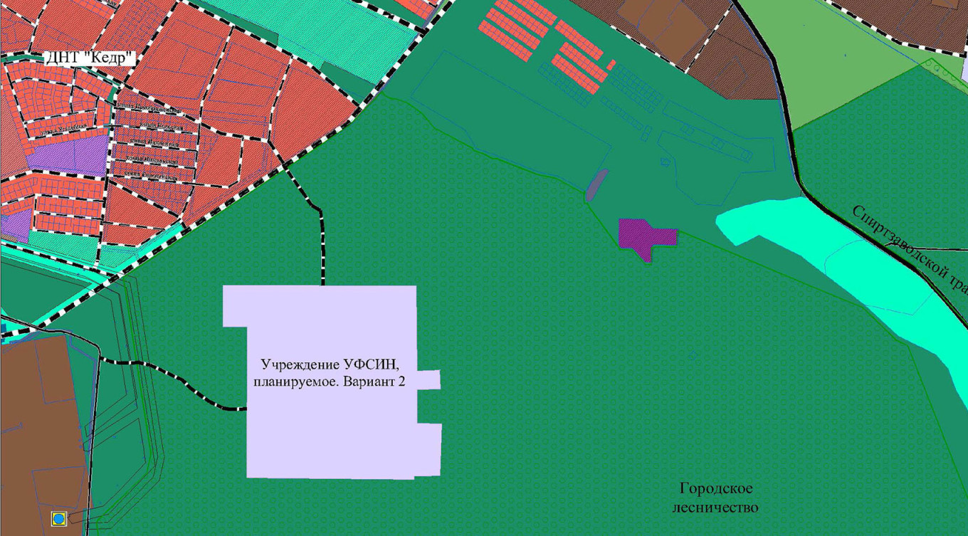  A map published ahead of the public hearings in Ulan-Ude shows a piece of land (in pale lilac) proposed for development on the territory of the city forest (in green). Ulan-Ude city administration 