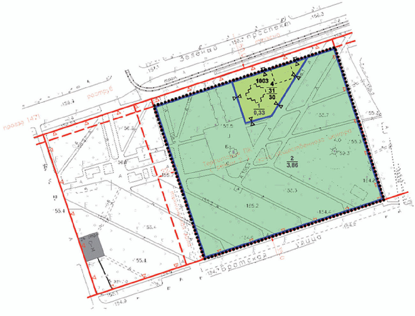  The area of the Park on Zelyony Prospekt allocated for the church (in green-yellow). cntd.ru 