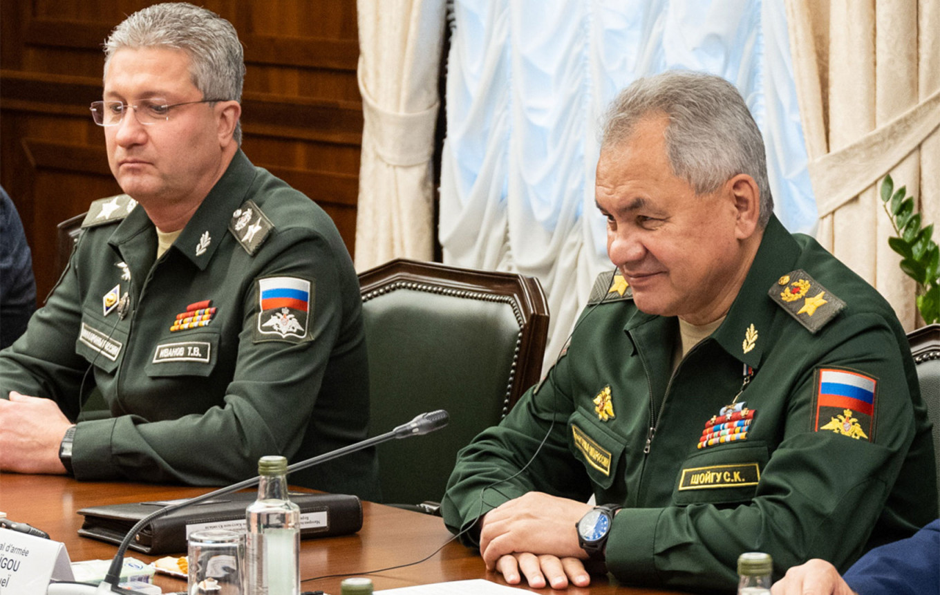  Former Russian Defense Minister Sergei Shoigu and his deputy Timur Ivanov in 2023. Russian Defense Ministry / TASS 