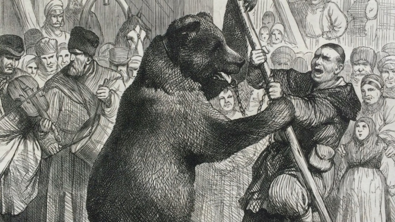  A bear in the street in Russia. English engraving of the XIX century. Wikimedia Commons 