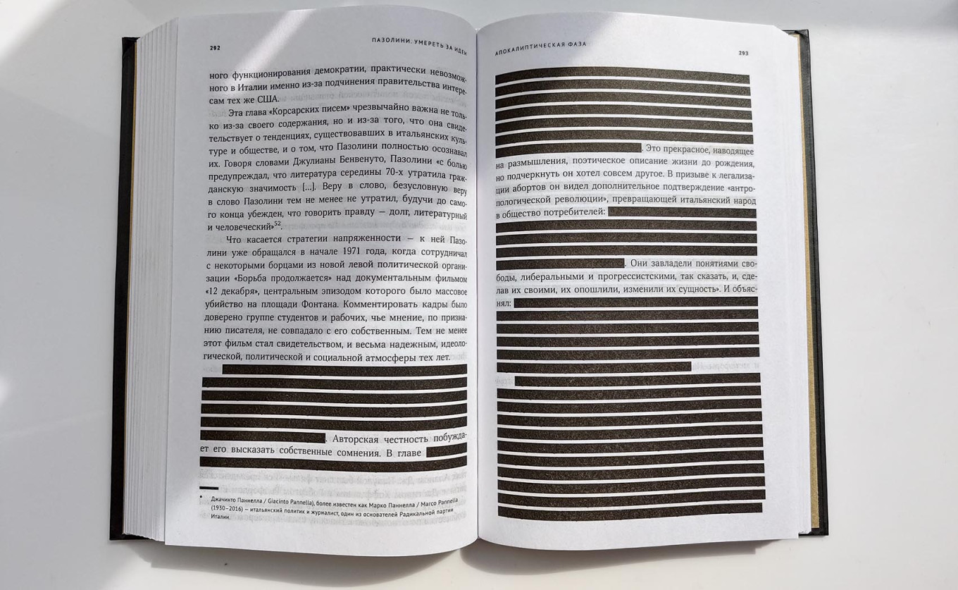  A biography of Pier Paolo Pasolini published in 2024 affected by Russia's wartime censorship, with excerpts violating Russia's ban on the LGBTQ+ community painted over. MT 