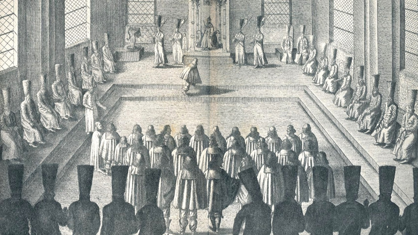  Audience of a Foreign Embassy. An engraving from Adam Olearius' book “Description of a Journey to Muscovy and Through Muscovy to Persia and Back.” Wikimedia Commons 