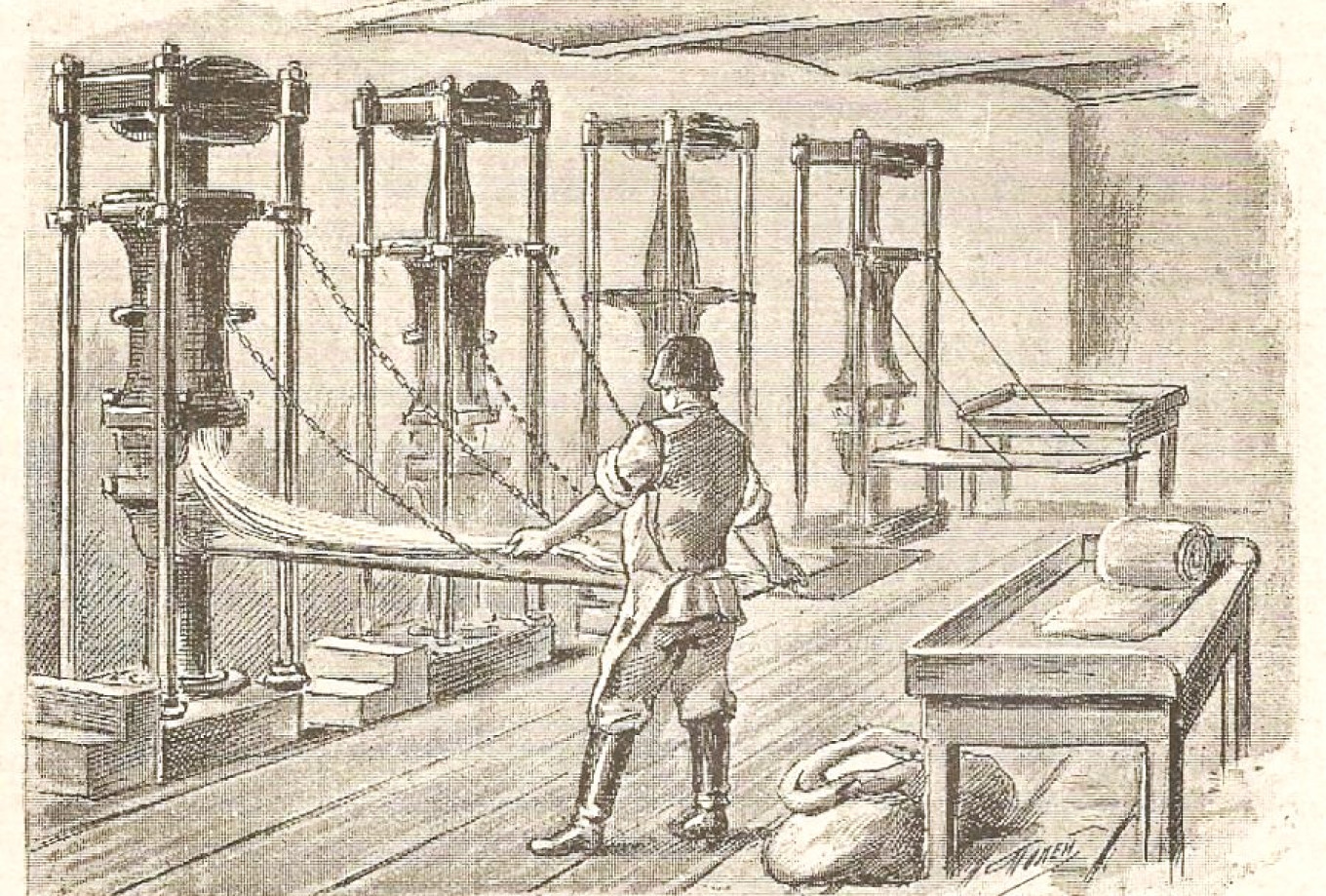  A hydraulic press for pasta making. Illustration from the magazine “Our Food” (1893). Wikimedia Commons 