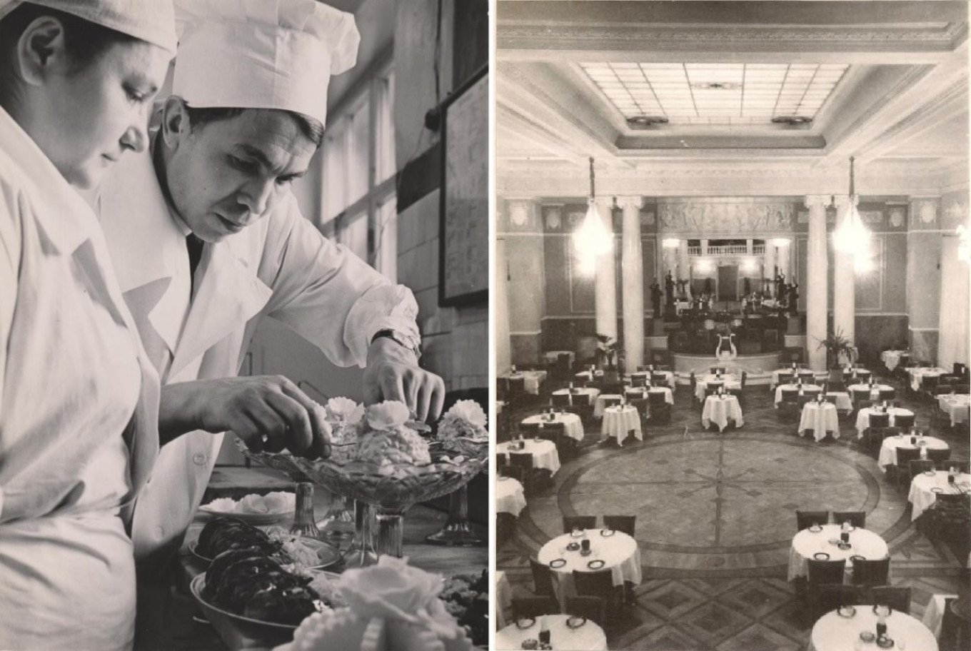  Ali Babikov, chef of the Metropol restaurant in Leningrad, and the main dining hall (1970s). Wikimedia Commons 