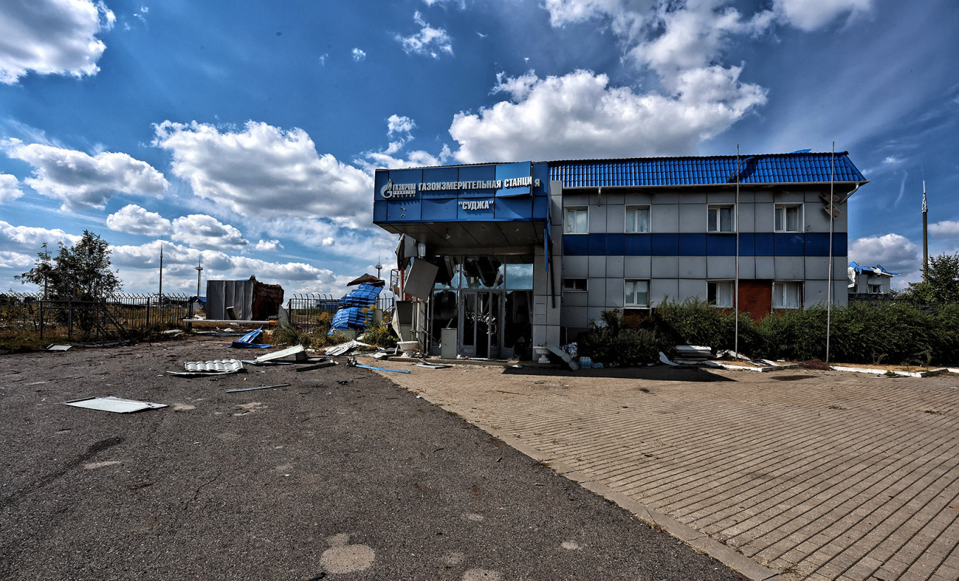  The damaged gas measuring station in the Kyiv-held town of Sudzha, Kursk region, bearing the Gazprom logo. Yan Dobronosov / AFP 