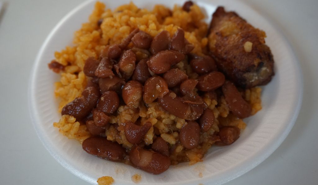 Chicken, beans and rice.