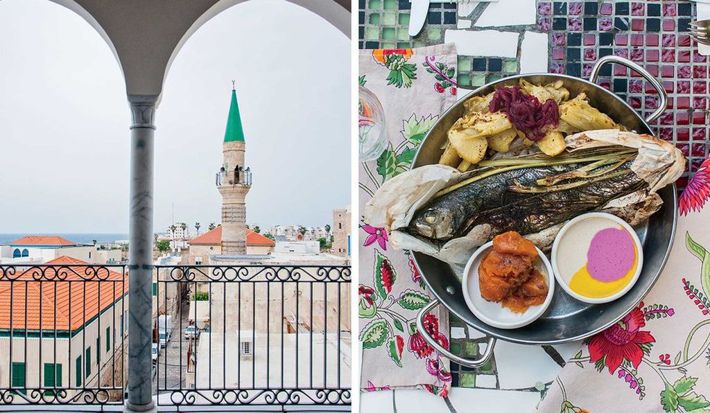 From left: The minaret of Al-Jazzār Mosque, in Akko, seen from the Efendi Hotel; whole fish baked in parchment paper at Majda, in Ein Rafa