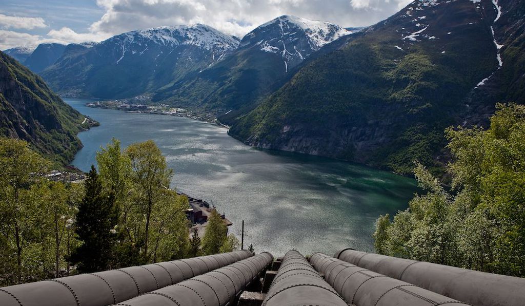 The fjord and the city of Odda seen from the top of the penstock that connects to the hydropower plant.