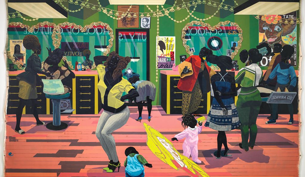 <em>School of Beauty, School of Culture</em>, acrylic and glitter on unstretched canvas, by Kerry James Marshall, 2012. Marshall is featured in the exhibition “Figuring History: Robert Colescott, Kerry James Marshall and Mickalene Thomas,” opening in February at the Seattle Art Museum.
